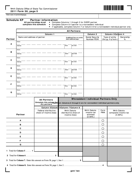 Fillable Form 58 Schedule Kp Partner Information 2011 printable pdf