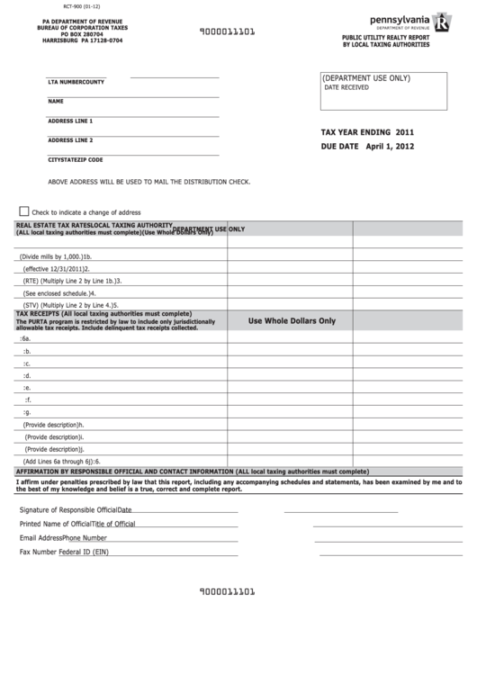 Form Rct-900 - Public Utility Realty Report By Local Taxing Authorities - 2012 Printable pdf