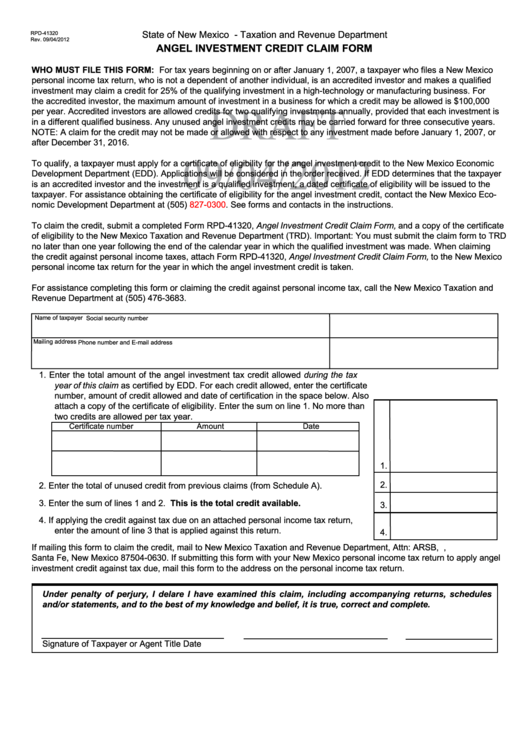 Form Rpd-41320 Draft - Angel Investment Credit Claim Form Printable pdf