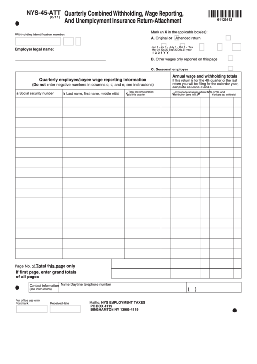 Fillable Form Nys-45-Att - Quarterly Combined Withholding, Wage Reporting, And Unemployment Insurance Return-Attachment Printable pdf