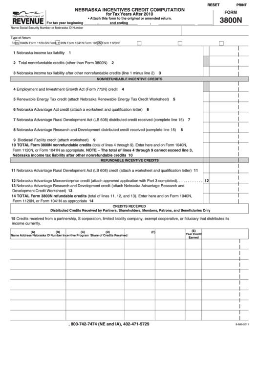 Fillable Form 3800n - Nebraska Incentives Credit Computation - 2010 Printable pdf