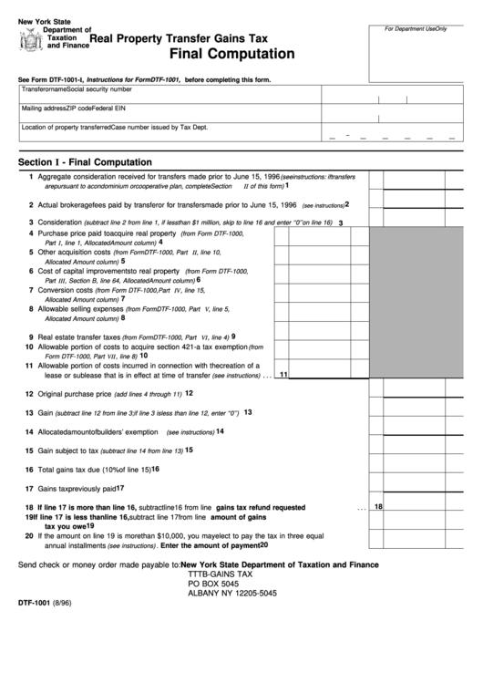 Form Dtf-1001 - Real Property Transfer Gains Tax Final Computation Printable pdf
