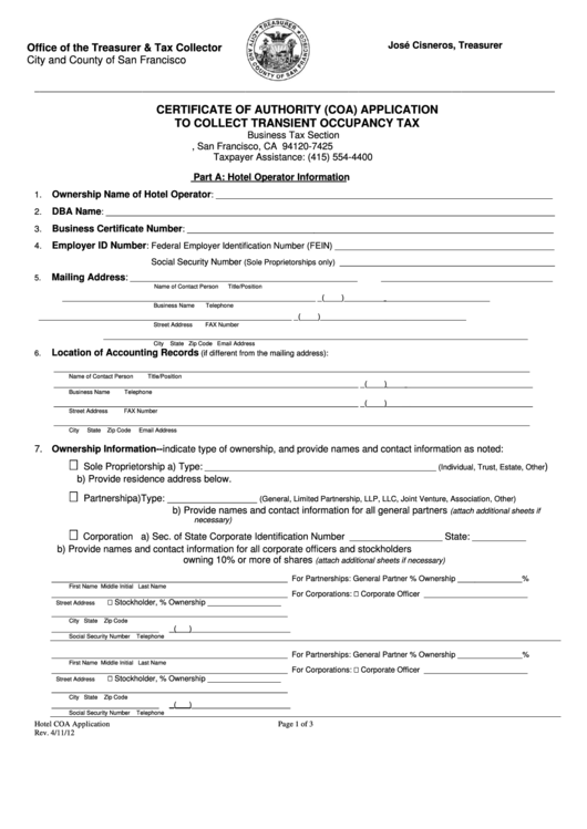 Certificate Of Authority (Coa) Application To Collect Transient Occupancy Tax - San Francisco Office Of The Treasurer & Tax Collector Printable pdf