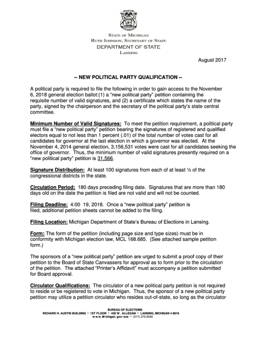 New Political Party Qualification - Michigan Department Of State Printable pdf