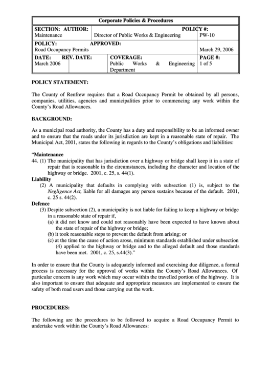 Fillable Road Occupancy Application / Permit - Ontario Public Works & Engineering Department Printable pdf
