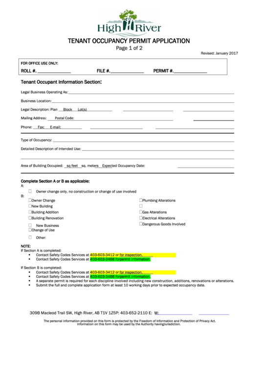 Tenant Occupancy Permit Application - High River Printable pdf