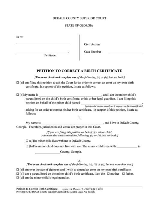 Petition To Correct A Birth Certificate Form - Dekalb County Superior Court Printable pdf