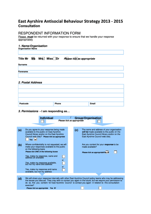 Respondent Information Form - East Ayrshire Antisocial Behaviour Strategy 2013 - 2015 Printable pdf