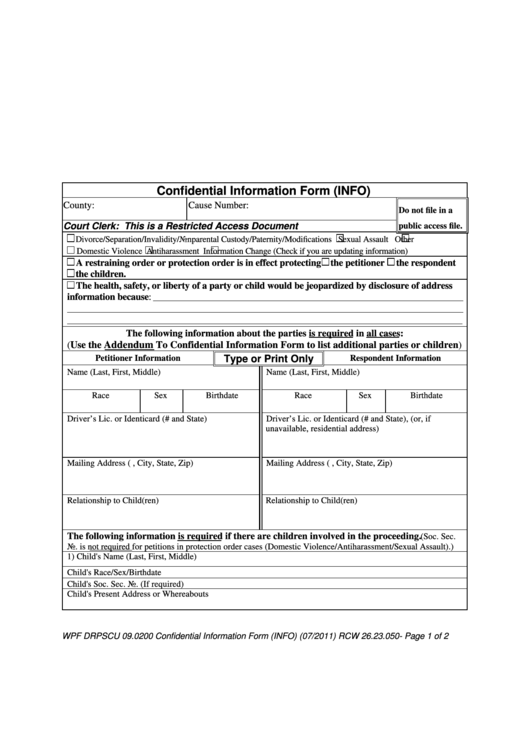 Confidential Information Form (Info) Printable pdf