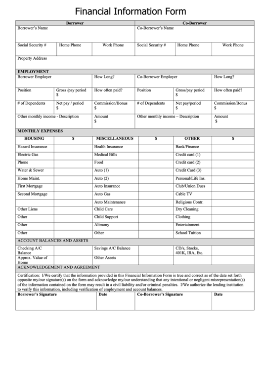 Financial Information Form Printable pdf