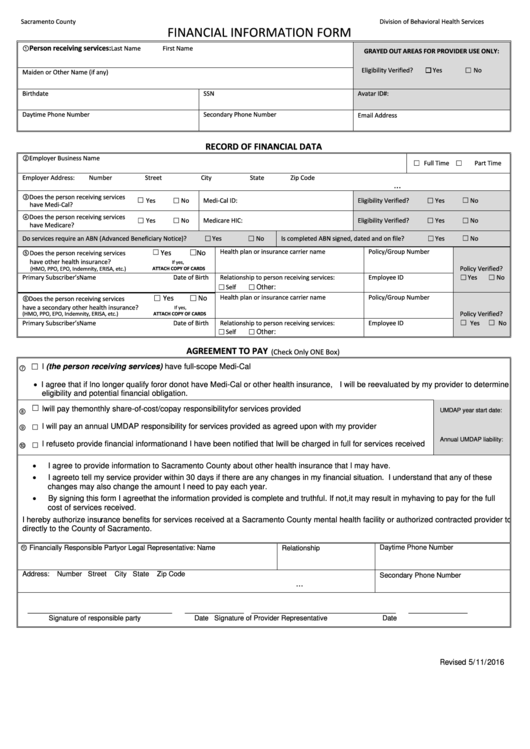 Fillable Financial Information Form - Sacramento County Division Of Behavioral Health Services Printable pdf