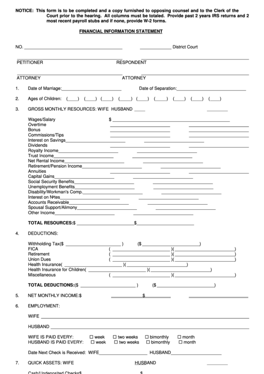 Fillable Financial Information Statement Form Printable pdf