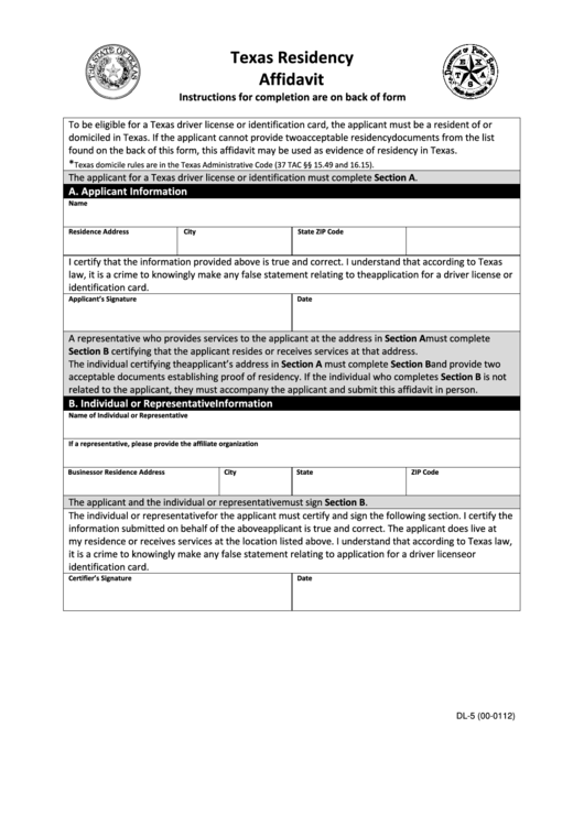 Form Dl-5 - Texas Residency Affidavit Printable pdf