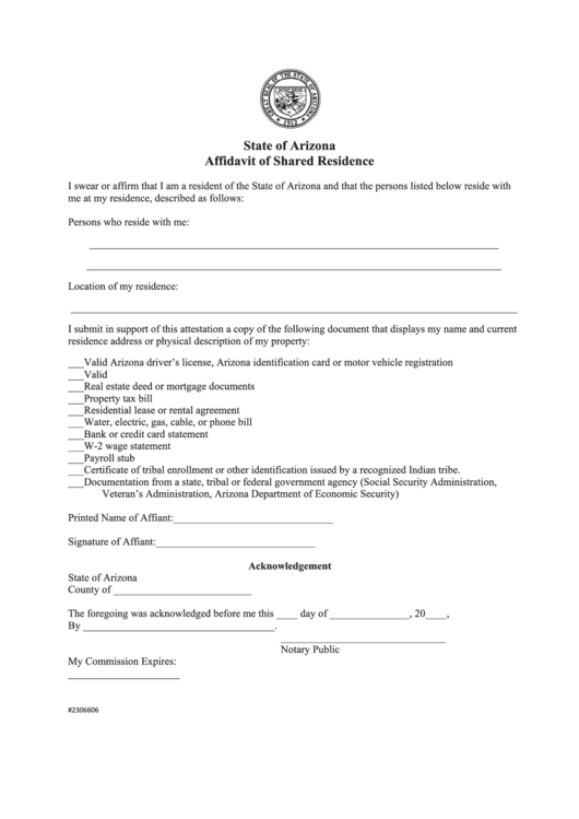Form 2306606 - Affidavit Of Shared Residence - State Of Arizona Printable pdf
