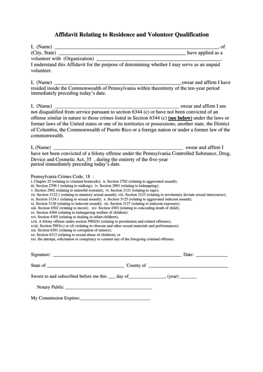 Affidavit Relating To Residence And Volunteer Qualification Printable pdf