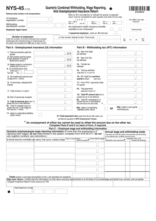 Fillable Form Nys-45 - Quarterly Combined Withholding, Wage Reporting, And Unemployment Insurance Return Printable pdf