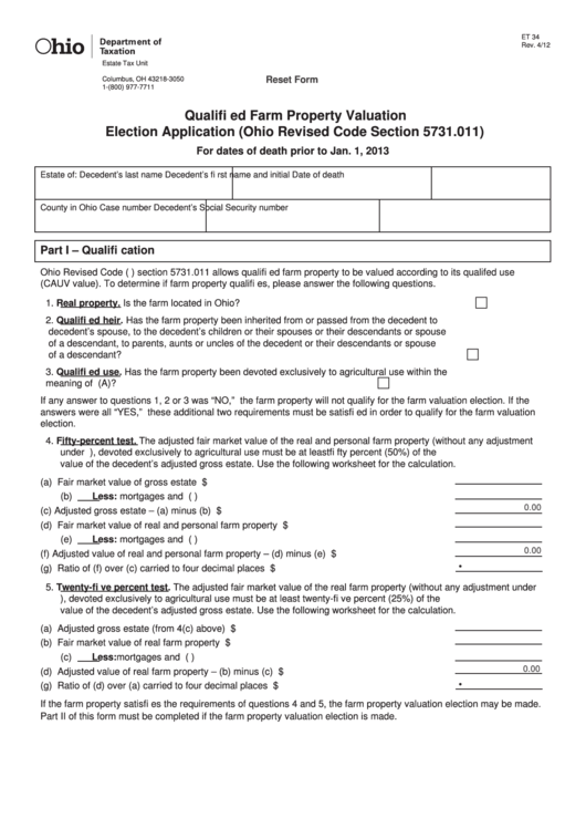Fillable Form Et 34 - Qualified Farm Property Valuation Election Application (Ohio Revised Code Section 5731.011) Printable pdf