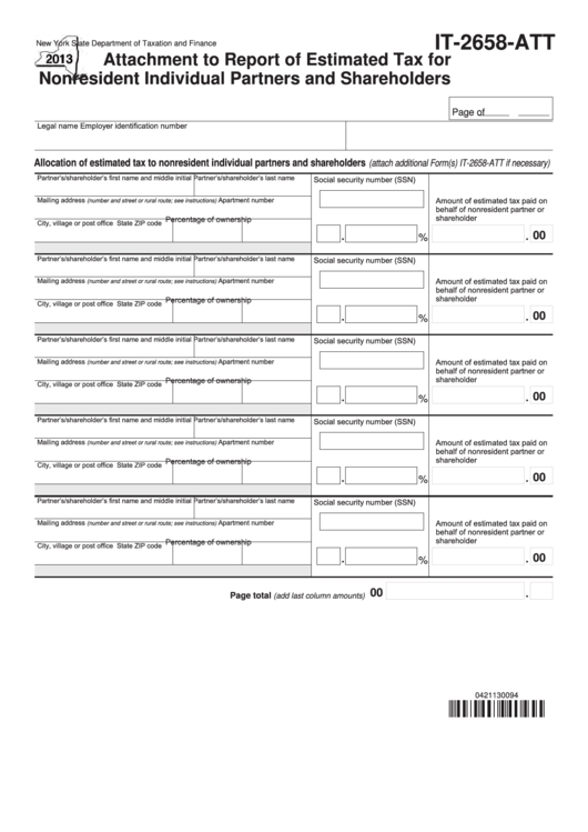Fillable Form It-2658-Att - Attachment To Report Of Estimated Tax For Nonresident Individual Partners And Shareholders - 2013 Printable pdf