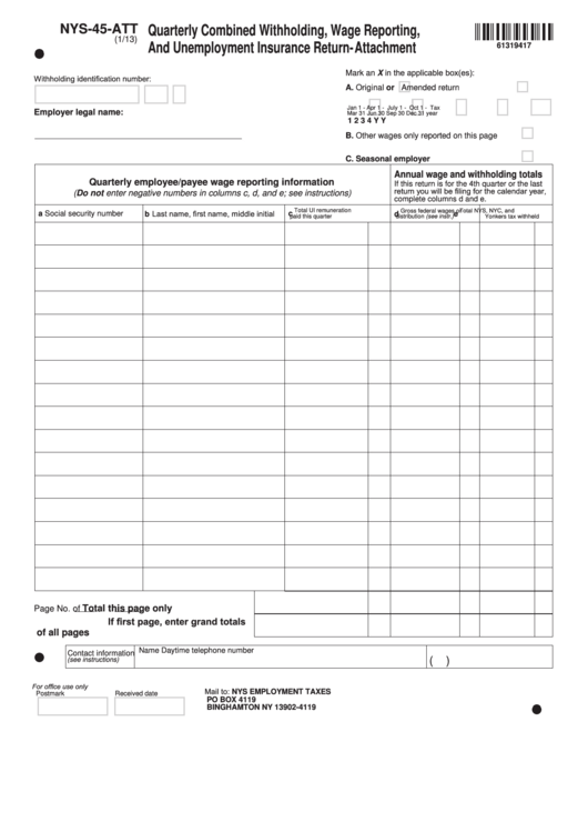 Fillable Form Nys-45-Att - Quarterly Combined Withholding, Wage Reporting, And Unemployment Insurance Return-Attachment Printable pdf