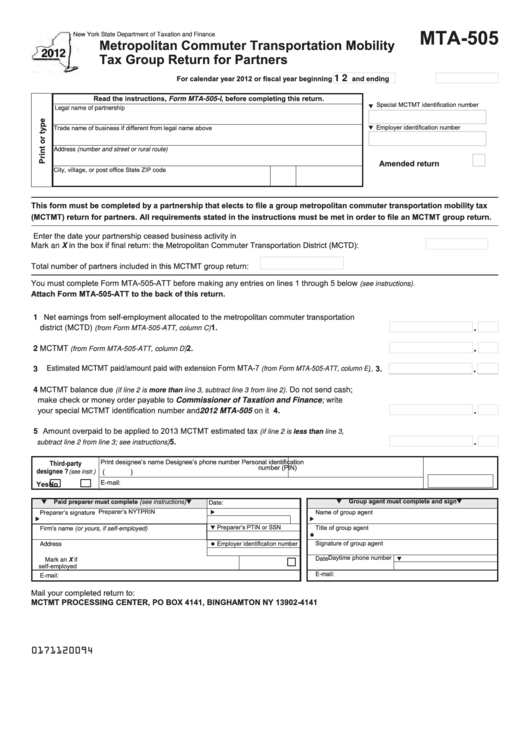 Fillable Form Mta-505 - Metropolitan Commuter Transportation Mobility Tax Group Return For Partners - 2012 Printable pdf