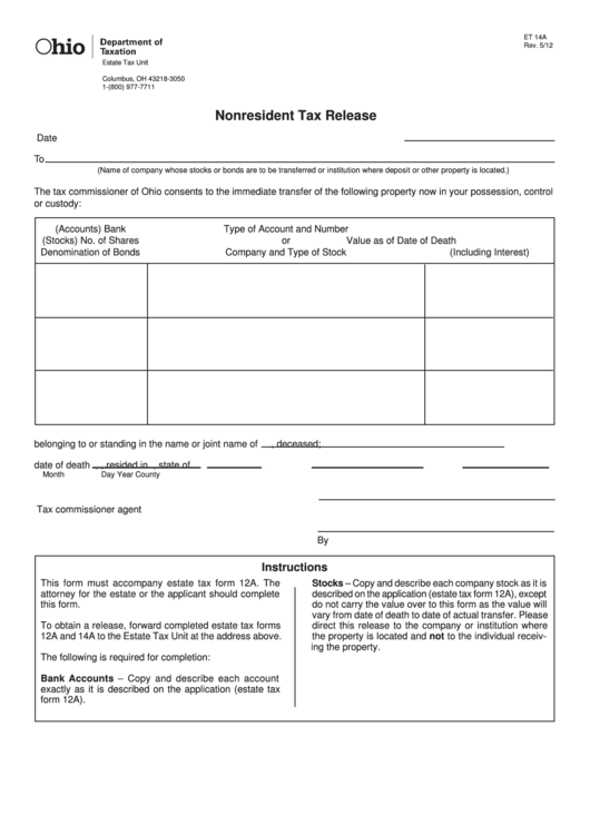 Fillable Form Et 14a - Nonresident Tax Release - Ohio Department Of Taxation Printable pdf