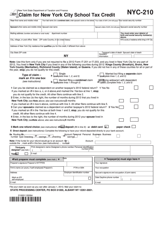 Fillable Form Nyc 210 Claim For New York City School Tax Credit 