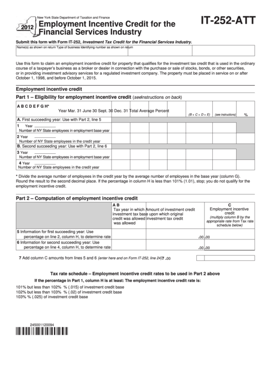 Fillable Form It-252-Att - Employment Incentive Credit For The Financial Services Industry - 2012 Printable pdf