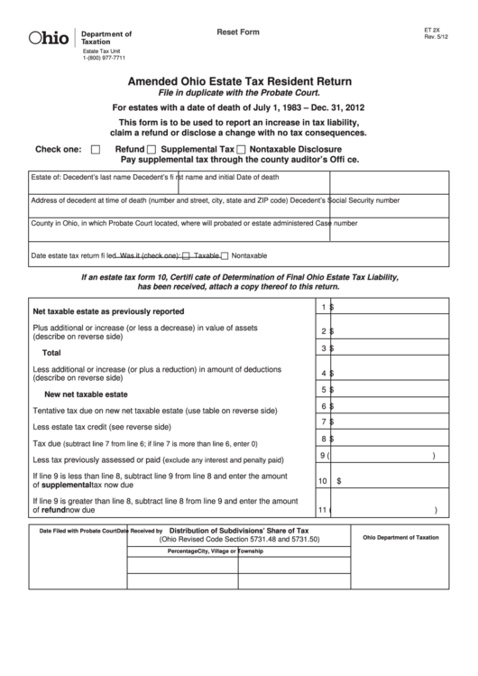 Fillable Form Et 2x - Amended Ohio Estate Tax Resident Return Printable pdf
