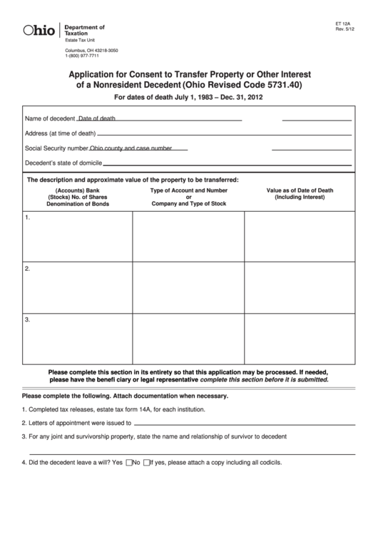 Fillable Form Et 12a - Application For Consent To Transfer Property Or Other Interest Of A Nonresident Decedent (Ohio Revised Code 5731.40)/form Et 14a - Nonresident Tax Release Printable pdf