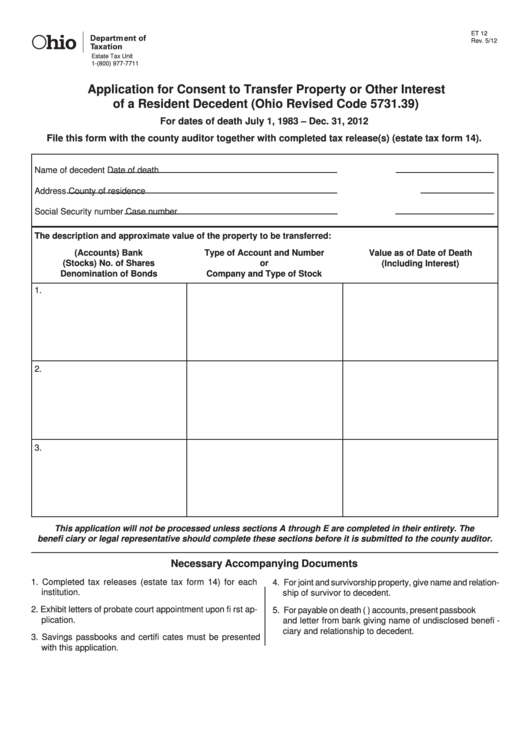 Fillable Form Et 12 - Application For Consent To Transfer Property Or Other Interest Of A Resident Decedent (Ohio Revised Code 5731.39)/form Et 14 - Resident Tax Release (Ohio Revised Code 5731.39) Printable pdf