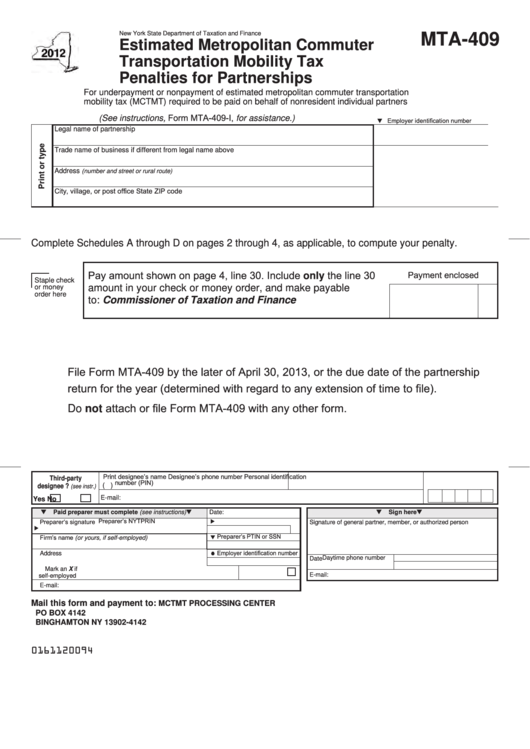 Fillable Form Mta-409 - Estimated Metropolitan Commuter Transportation Mobility Tax Penalties For Partnerships - 2012 Printable pdf