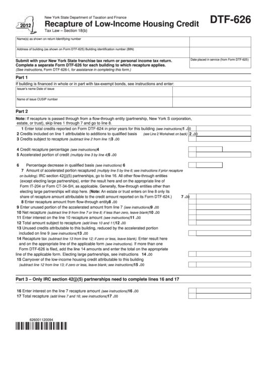 Fillable Form Dtf-626 - Recapture Of Low-Income Housing Credit - 2012 Printable pdf