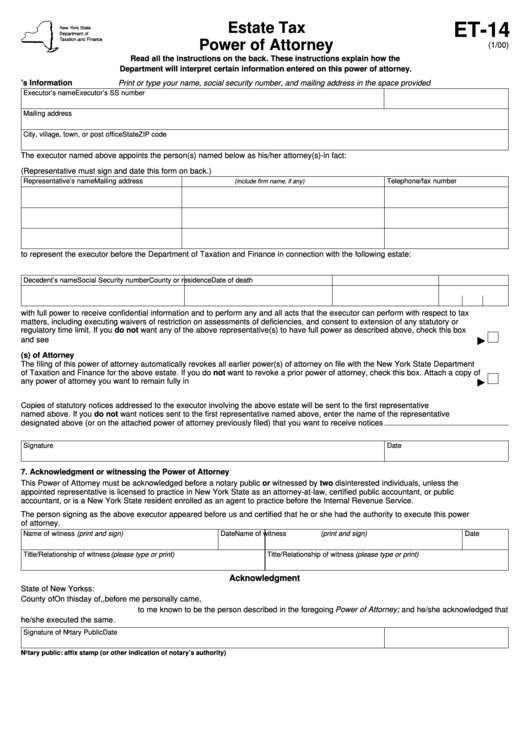 Form Et-14 - Estate Tax Power Of Attorney Printable pdf
