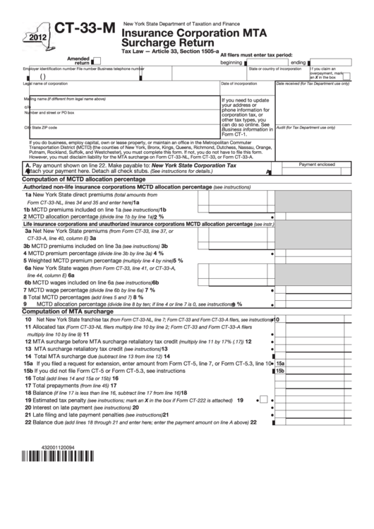 Form Ct-33-M - Insurance Corporation Mta Surcharge Return - 2012 Printable pdf