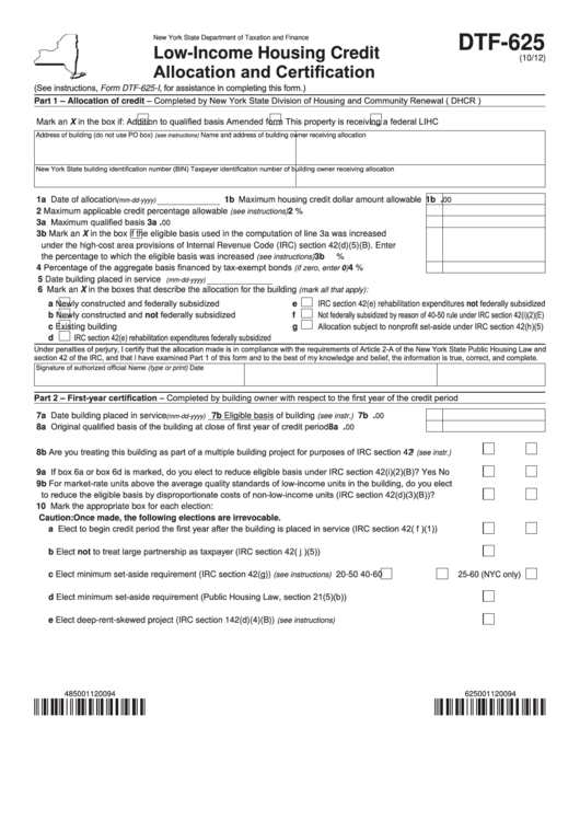Fillable Form Dtf-625 - Low-Income Housing Credit Allocation And Certification Printable pdf