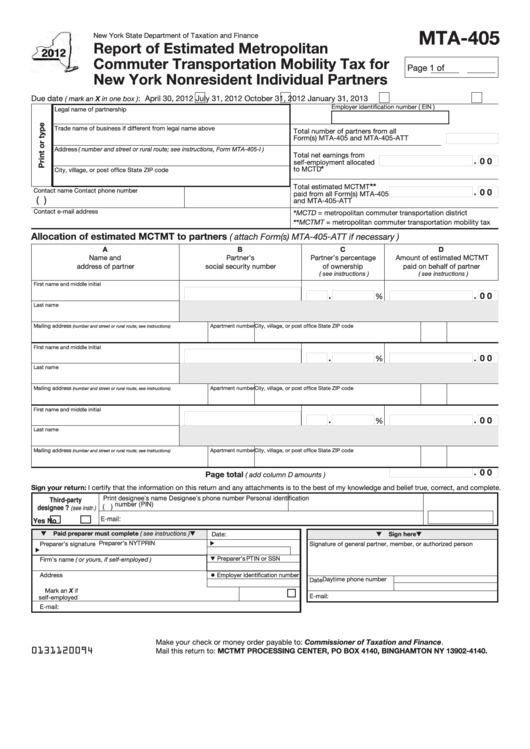 Fillable Form Mta-405 - Report Of Estimated Metropolitan Commuter Transportation Mobility Tax For New York Nonresident Individual Partners - 2012 Printable pdf