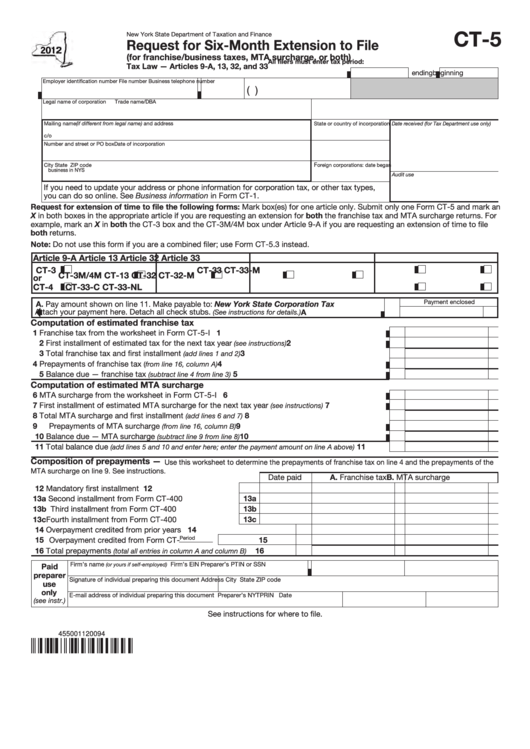 Form Ct-5 - Request For Six-Month Extension To File - 2012 Printable pdf