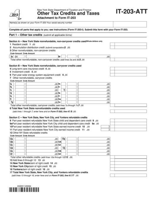 Fillable Form It-203-Att - Other Tax Credits And Taxes - 2012 Printable pdf