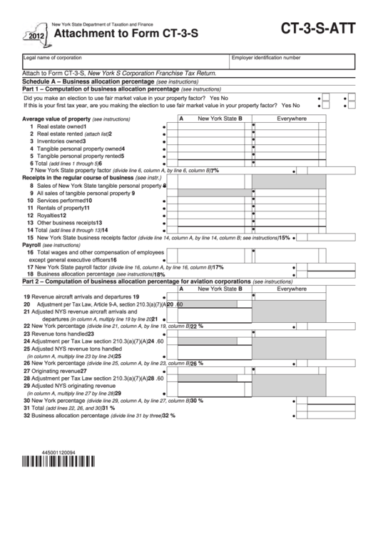 Form Ct-3-S-Att - Attachment To Form Ct-3-S - 2012 Printable pdf