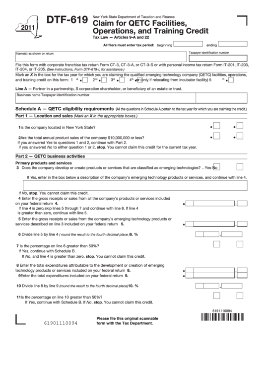 Form Dtf-619 - Claim For Qetc Facilities, Operations, And Training Credit - 2011 Printable pdf