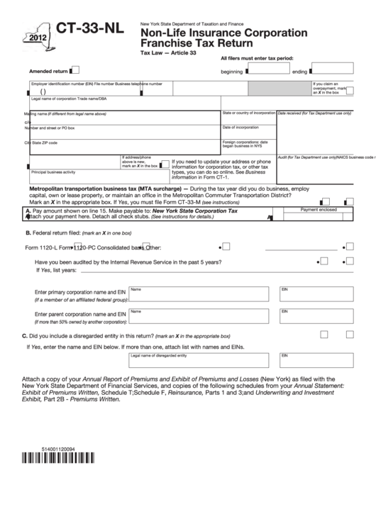 Form Ct-33-Nl - Non-Life Insurance Corporation Franchise Tax Return - 2012 Printable pdf