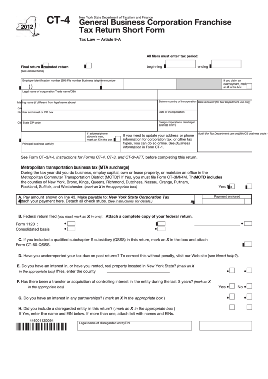 Form Ct-4 - General Business Corporation Franchise Tax Return Short Form - 2012 Printable pdf