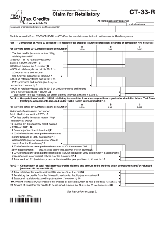 Form Ct-33-R - Claim For Retaliatory Tax Credits - 2012 Printable pdf