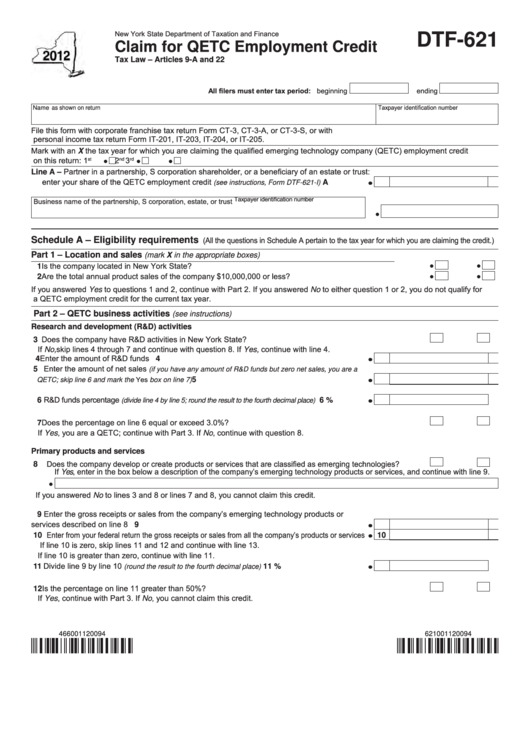 Fillable Form Dtf-621 - Claim For Qetc Employment Credit - 2012 Printable pdf