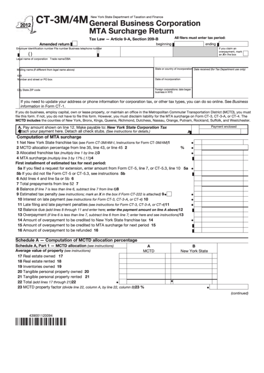 Form Ct-3m/4m - General Business Corporation Mta Surcharge Return - 2012 Printable pdf