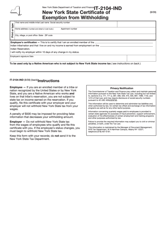 Fillable Form It-2104-Ind - New York State Certificate Of Exemption From Withholding Printable pdf