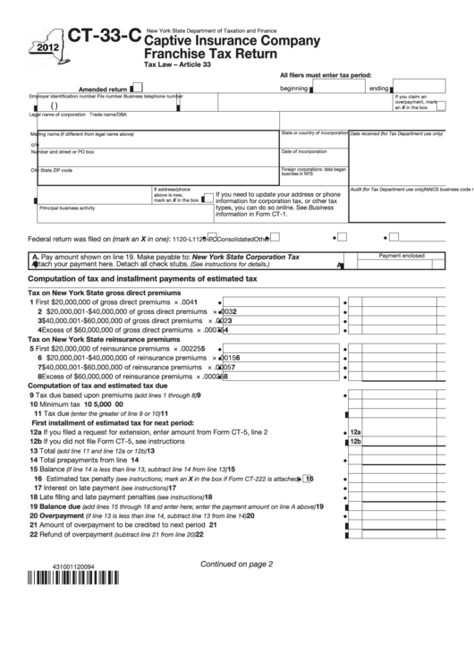 Form Ct-33-C - Captive Insurance Company Franchise Tax Return - 2012 Printable pdf