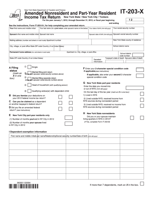 Fillable Form It-203-X - Amended Nonresident And Part-Year Resident - 2012 Printable pdf