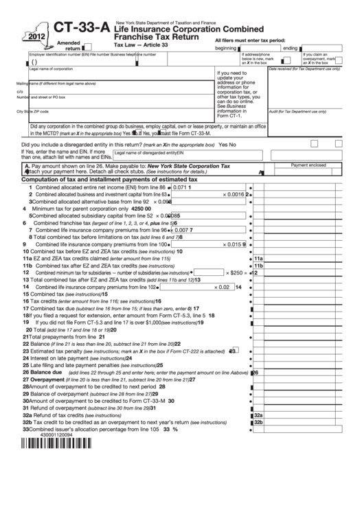 Form Ct-33-A - Life Insurance Corporation Combined Franchise Tax Return - 2012 Printable pdf