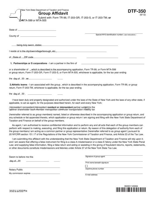Fillable Form Dtf-350 - Group Affidavit - New York State Department Of Taxation And Finance Printable pdf